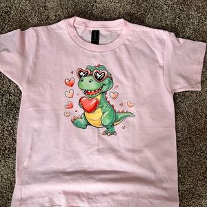 Gildan Pink T-Shirt with Green Dinosaur and Hearts